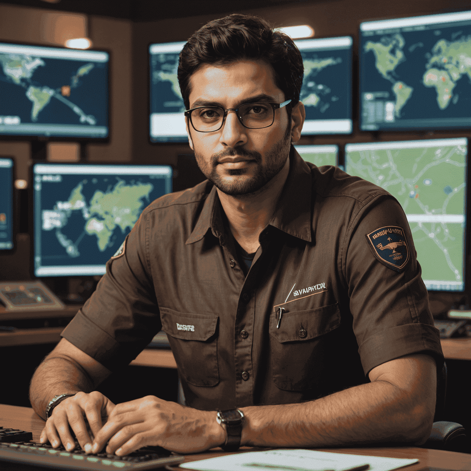 Portrait of Rahul Sharma, an Indian man in his 30s with short black hair and glasses, wearing a professional brown shirt, sitting at a desk with Aviator game graphics visible on a computer screen behind him