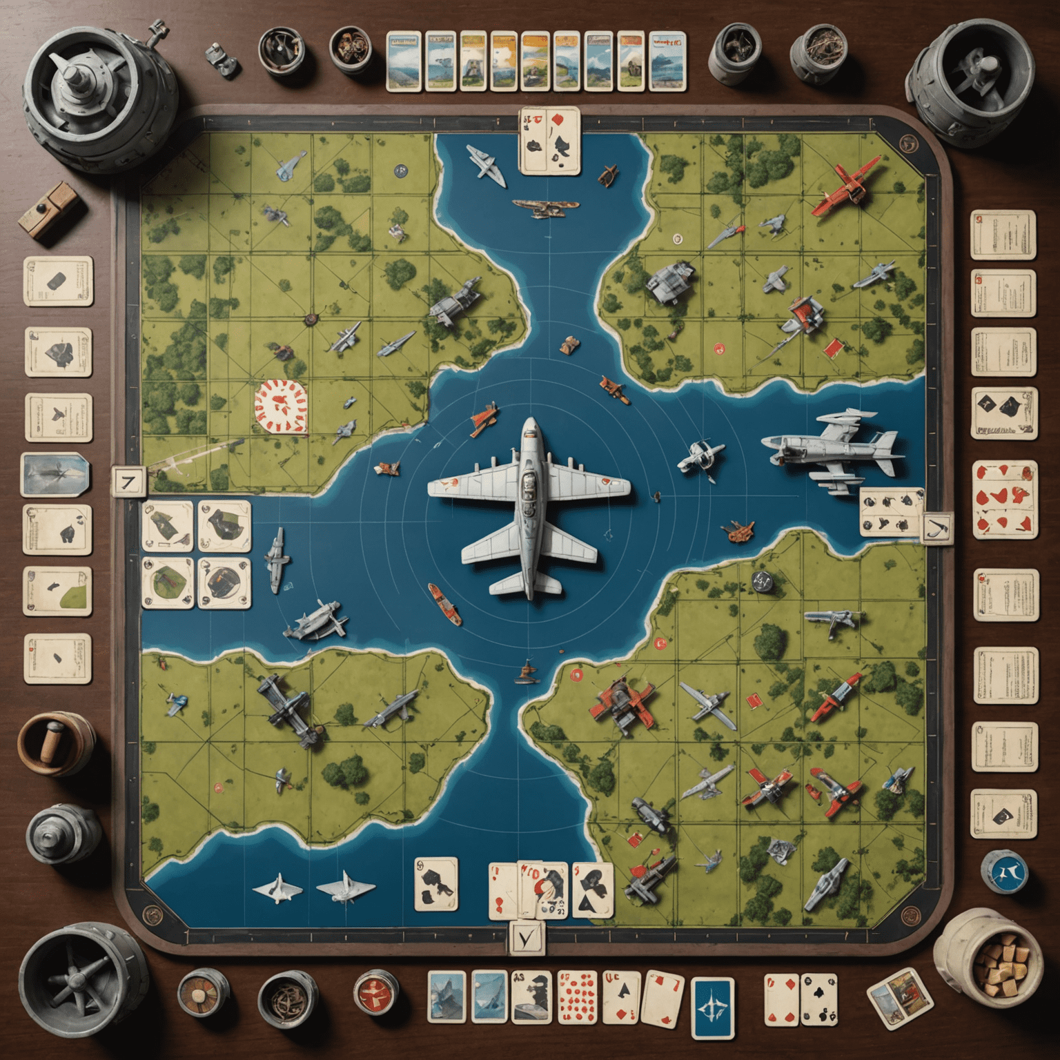 A strategic aerial view of an Aviator game board with various player pieces and cards laid out, showcasing potential winning strategies