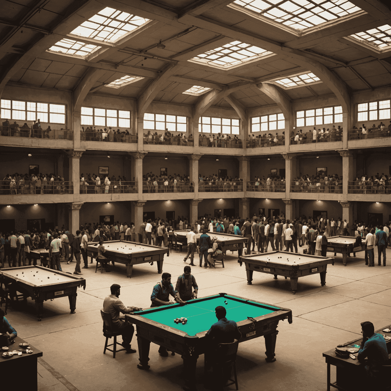 A large tournament hall in India filled with Aviator game setups and enthusiastic players competing