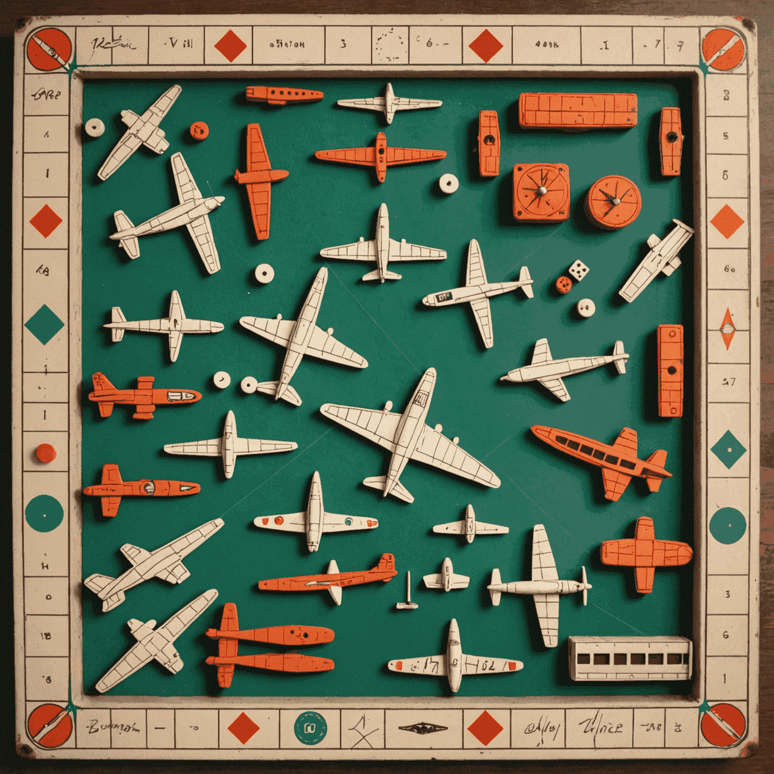 A vintage Aviator board game set from the 1950s, showing the original board design, player pieces shaped like small airplanes, and dice