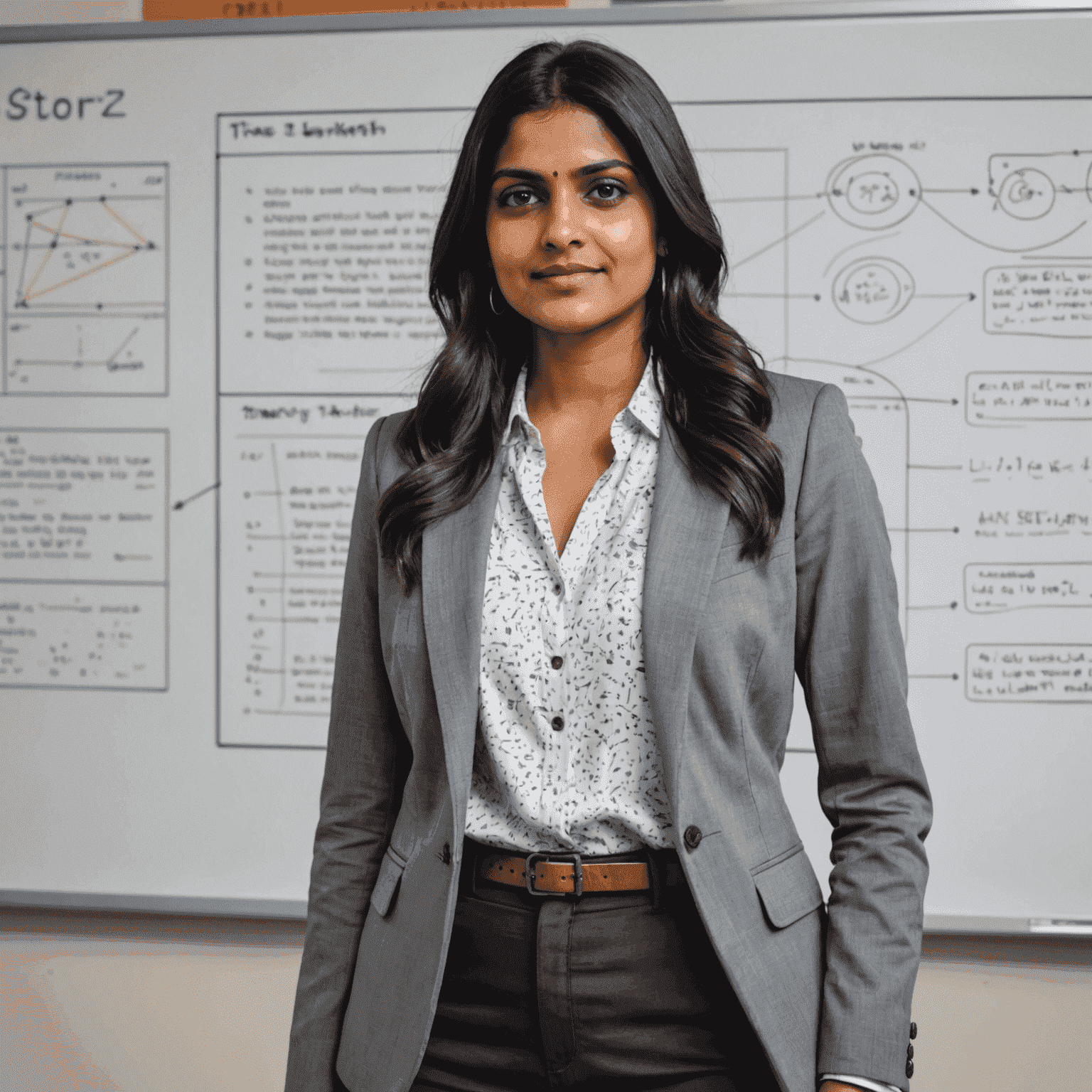 Portrait of Priya Patel, an Indian woman in her late 20s with long dark hair, wearing a grey blazer, standing in front of a whiteboard with Aviator game patterns and calculations