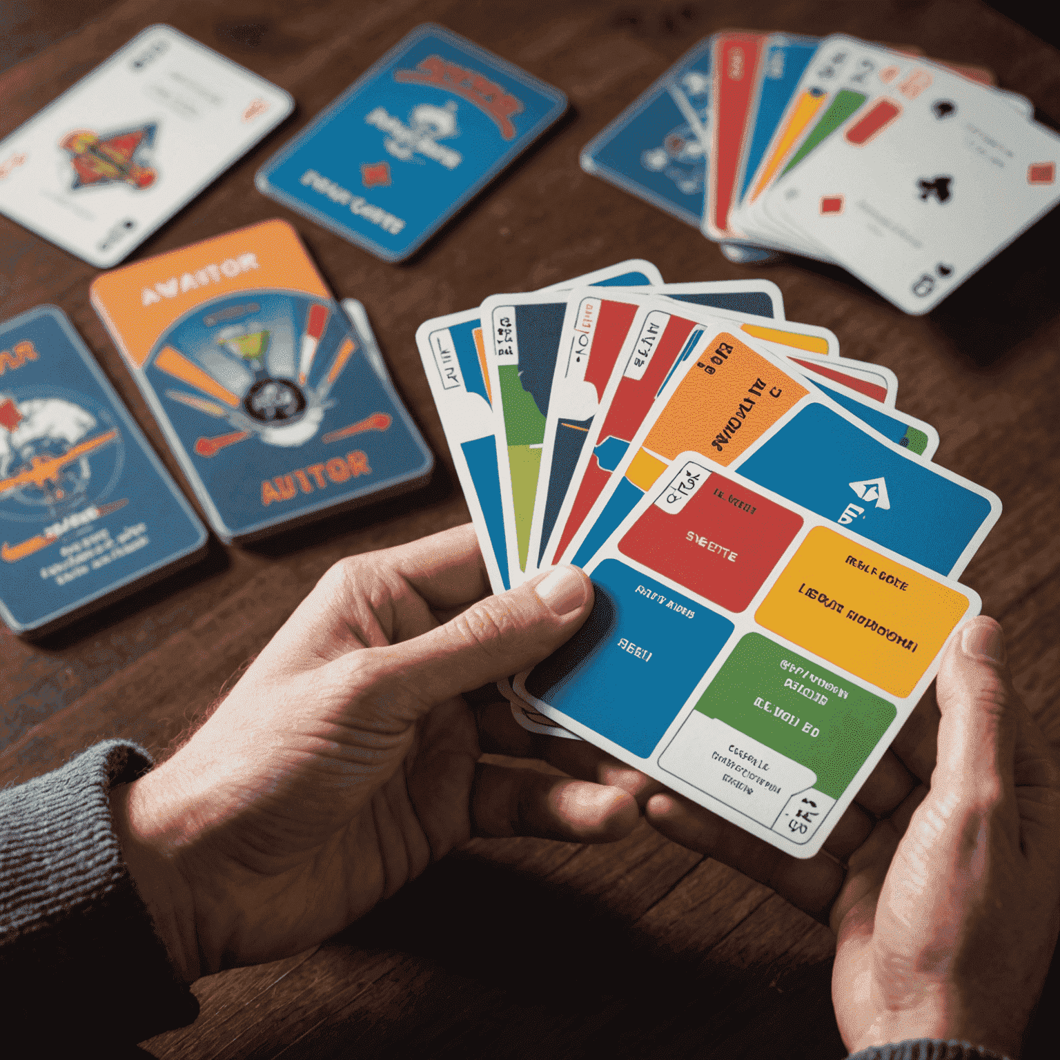 Close-up of a player's hand holding Aviator game cards, showcasing a mix of different colored route cards and special action cards