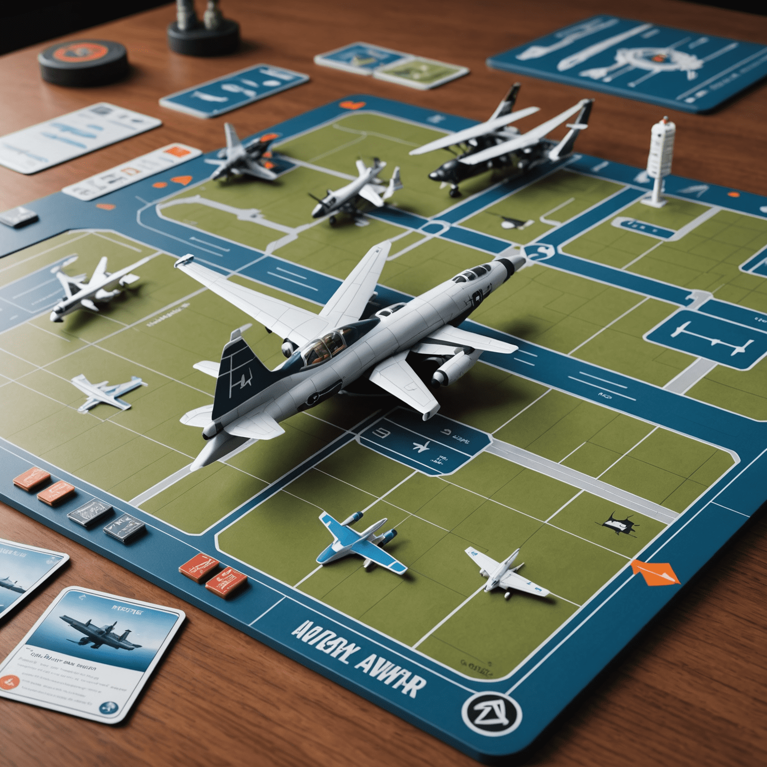 A modern Aviator board game set with sleek design, showing advanced gameplay elements like miniature airports, diverse aircraft models, and strategy cards